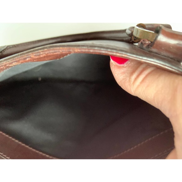 Vtg DKNY Handbag Purse Brown Tooled Deer Leather Stitches Zip Top Double Handles - Picture 7 of 8